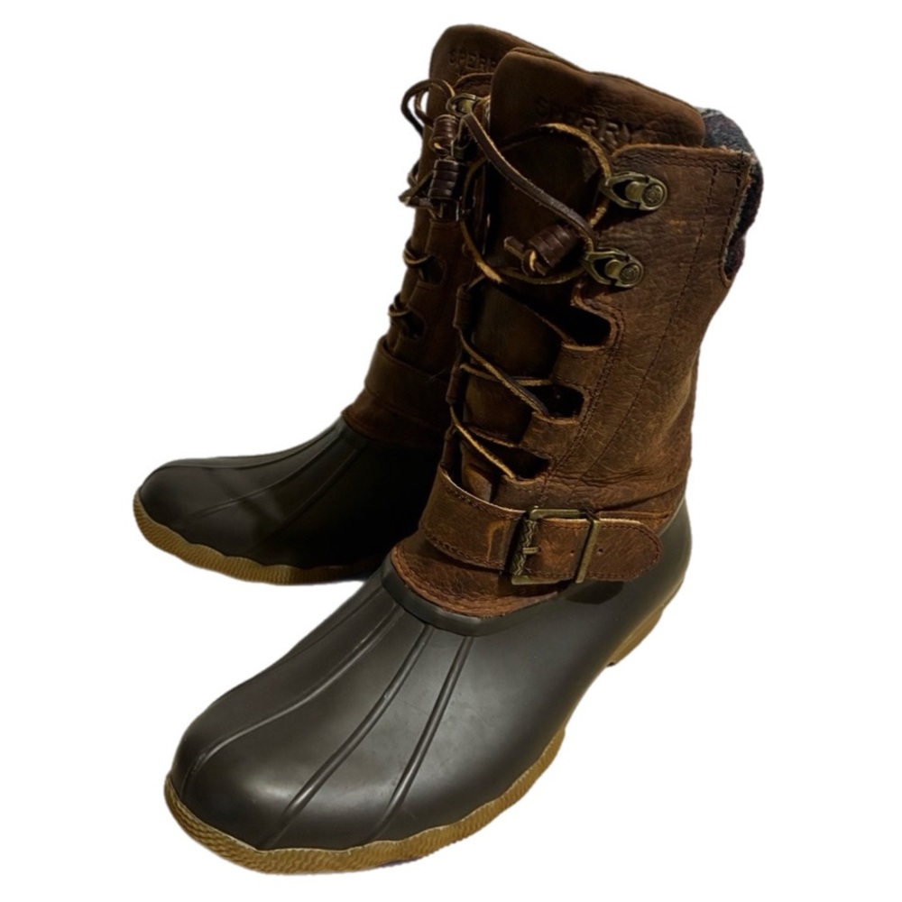 Sperry Top-Sider Duck Boots Saltwater Misty Mid-Calf Black/Tan Buckle Sz 9